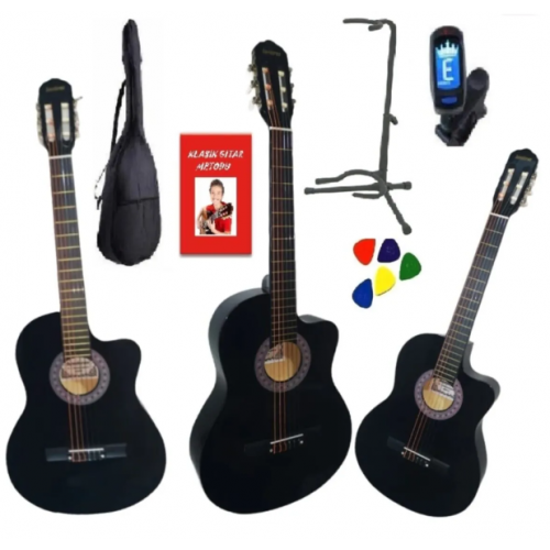 4/4 Tamboy Siyah Kesik Kasa Gitar- Kılıf- Metot -akort Cihazı- Pena+ Metal Gitar Standı