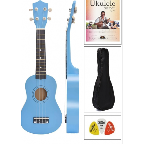 Soprano Açık Mavi Ukulele 54cm Kılıf Büyük Metot Ve Pena